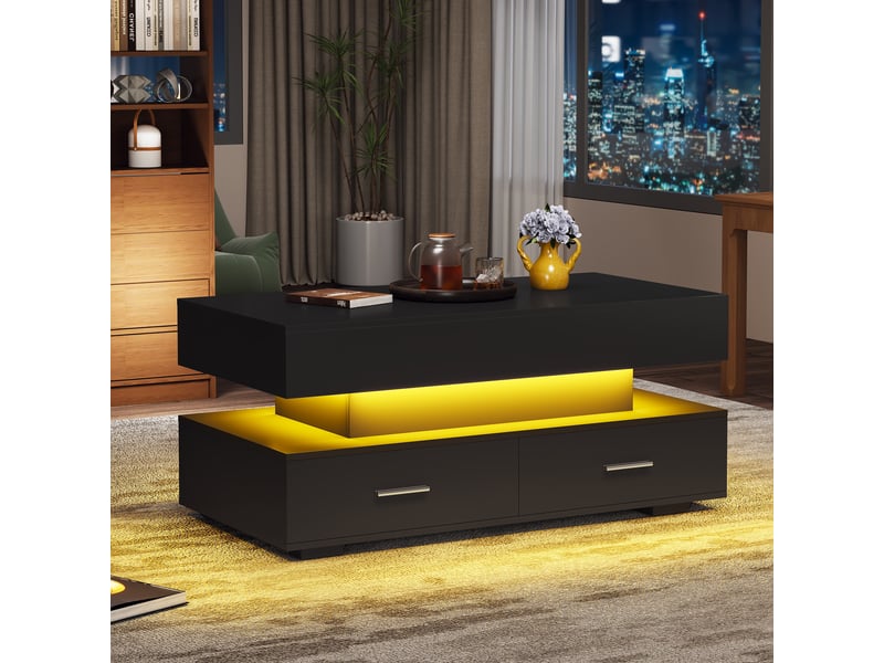  Table basse relevable noire avec éclairage led, plateau hydraulique, panneau de particules, 100x50x44 cm.  - Conforama E