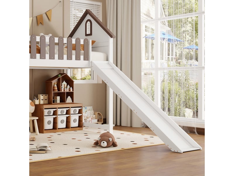  Lit mezzanine enfant, lit simple avec toit, fenêtres, échelle, toboggan et barrières, 90x200 cm, sans matelas  - Conforama E