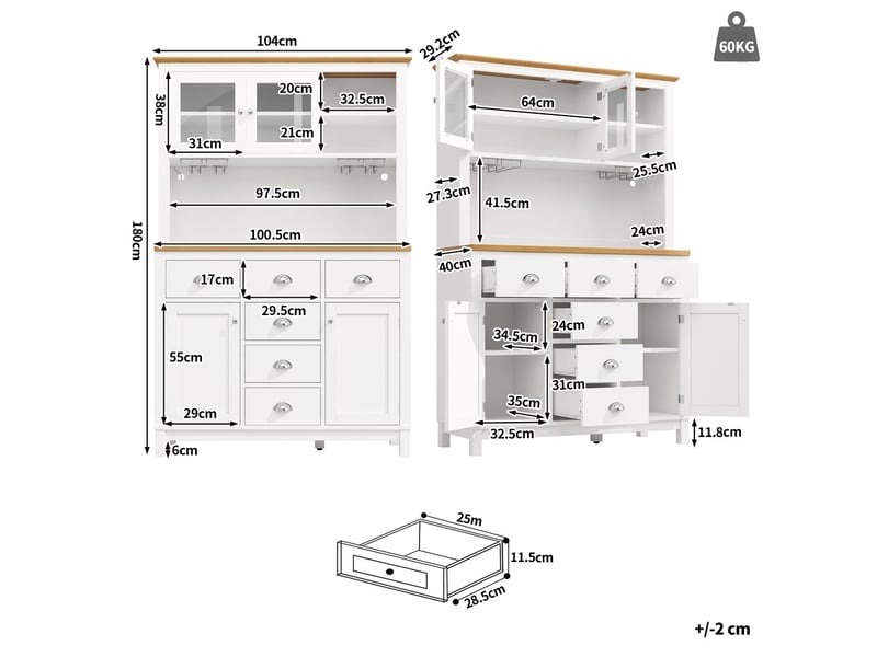  Buffet 104x40x180 cm style campagne 4 portes avec led bande lumineuse et porte bouteilles vert blanc  - Conforama C