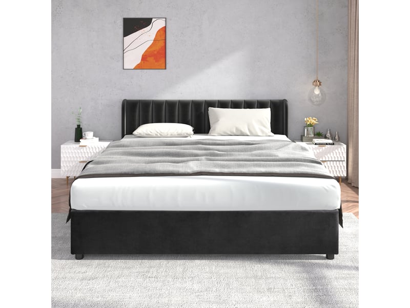  Lit coffre capitonné 180 x 200 cm, sommier lattes, tête, 2 tiroirs, velours noir  - Conforama C