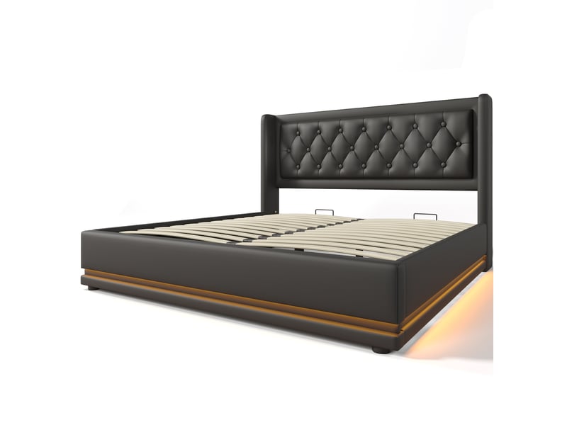  Lit coffre 160x200 cm, usb type-c et led 3 côtés, pu, noir sans matelas  - Conforama A
