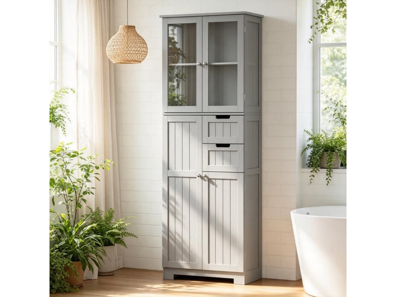  Colonne salle de bain sur pied, 4 portes dont 2 vitrées, 2 tiroirs, étagères réglables  - Conforama B