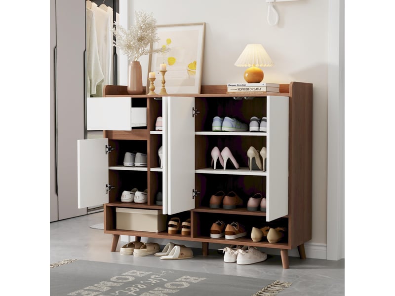 Buffet 120x35x99 cm – blanc et naturel – 4 portes, 1 tiroir, étagère réglable pour salon et cuisine - Conforama E