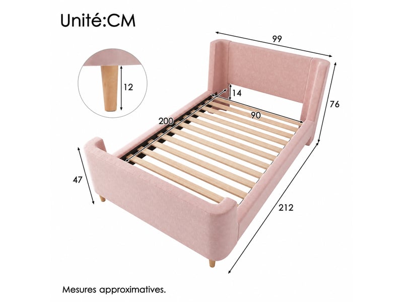  Lit enfant en velours rose, lit simple à motifs spatiaux et forme de traîneau, 90x200 cm, sans matelas  - Conforama D