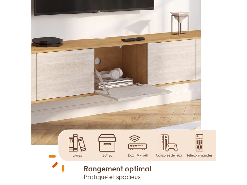 Meuble tv 180 cm suspendu leora 3 portes effet travertin et bois  - Conforama D