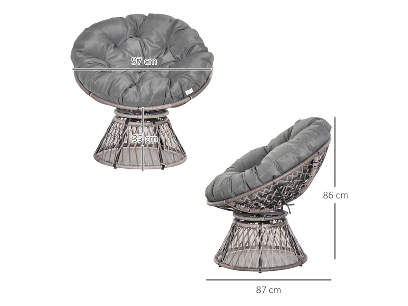  Fauteuil papasan gris en résine tressée, coussin et rotation à 360°, 87 x 97 x 86 cm, pour jardin et salon  - Conforama D