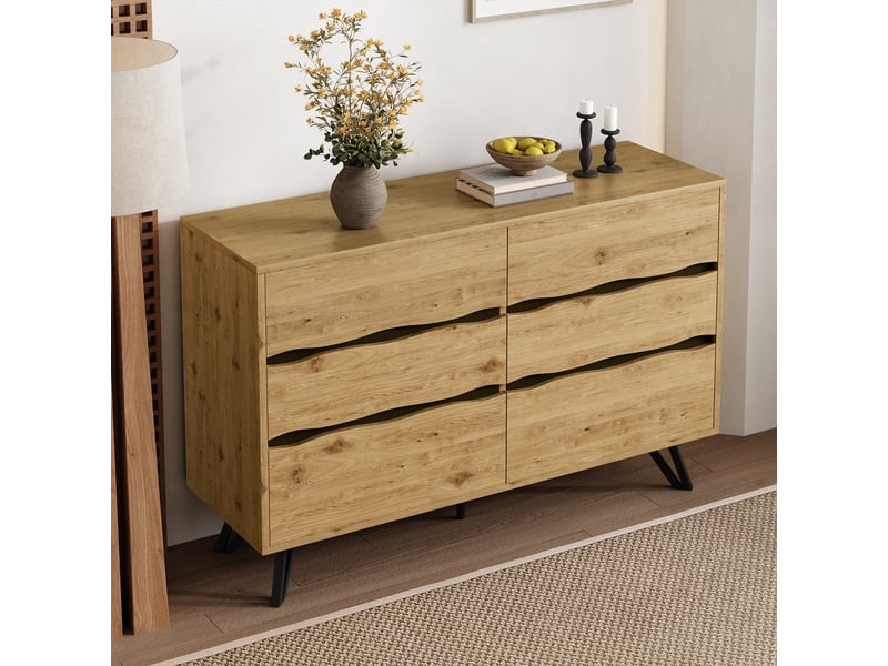  Buffet à 6 tiroirs avec façades ondulées, effet bois et pieds en métal noir, 120 × 40 × 75,5 cm  - Conforama C