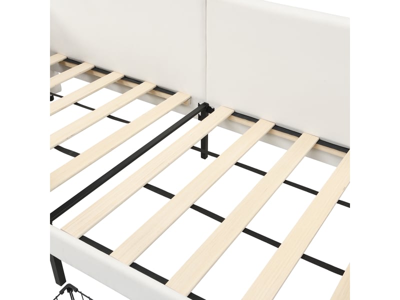 Lit banquette 90x200 cm blanc métal et bois avec revêtement velours, 2 tiroirs et poches de rangement, sans matelas  - Conforama E