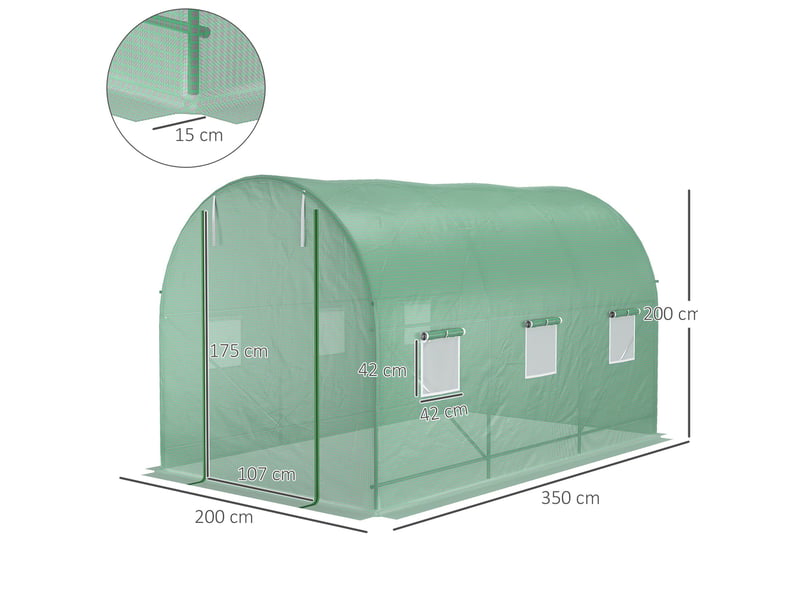  Serre de jardin tunnel 350x200x200 cm – verte – 3 fenêtres en maille, porte enroulable et ruban de fixation fourni  - Conforama C