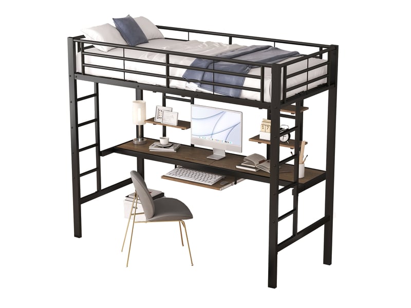  Lit mezzanine 90x200 cm avec bureau et 2 étagères métal noir  - Conforama A