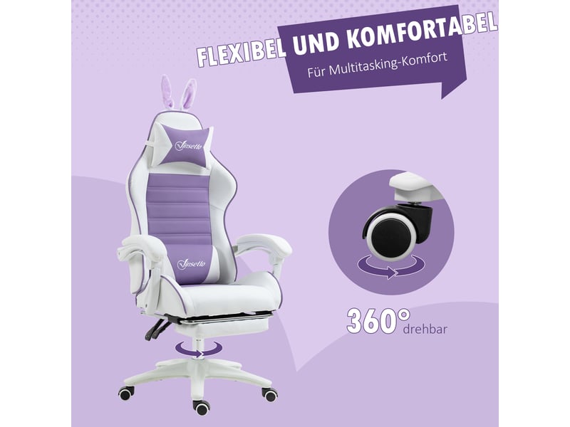  Chaise gaming ergonomique violette et blanche avec repose-pieds, dossier inclinable et coussins  - Conforama W
