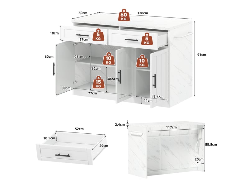  Îlot de cuisine 120x60x91 cm comptoir-bar 20 cm rangements 2 tiroirs 3 portes prises 2 ports usb plan 2,4 cm mdf blanc  - Conforama C