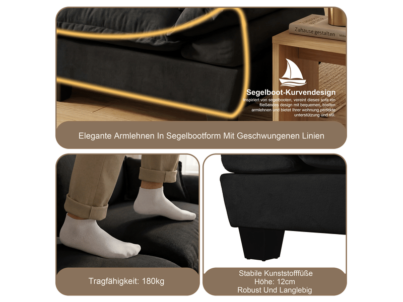  Canapé panoramique modulable 6 places, poufs mobiles, 2 coussins, revêtement chenille, 332 × 151 × 90 cm, noir  - Conforama E