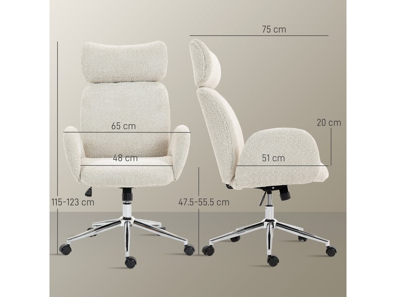  Fauteuil de bureau pivotant en bouclé avec appui-tête. Hauteur réglable, fonction bascule, gris clair et blanc.  - Conforama E