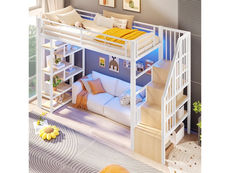  Lit mezzanine 90x200 cm, lit enfant, rangement, échelle sécurisée, barrière antichute, led, bois et métal blanc  - Conforama E