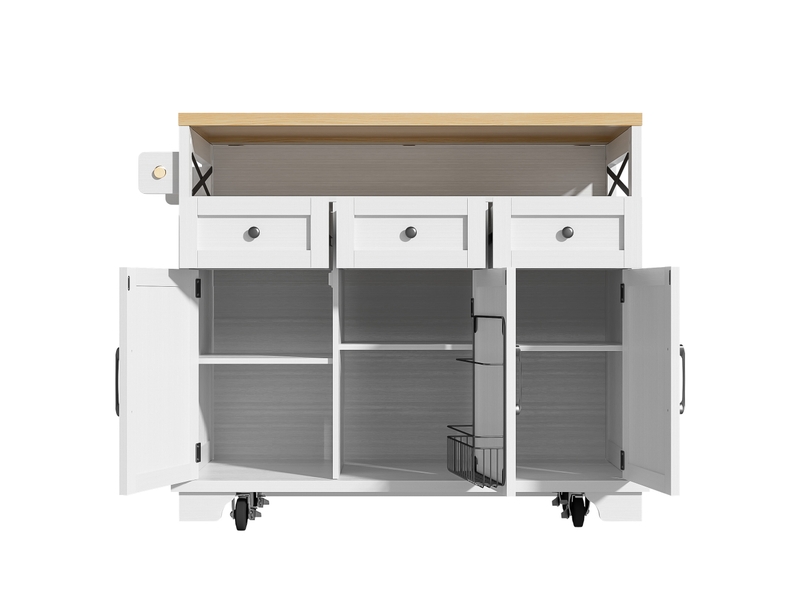  Îlot de cuisine blanc avec plateau rabattable, chariot de cuisine à roulettes avec rangement multifonctionnel, 118x43x98cm  - Conforama R
