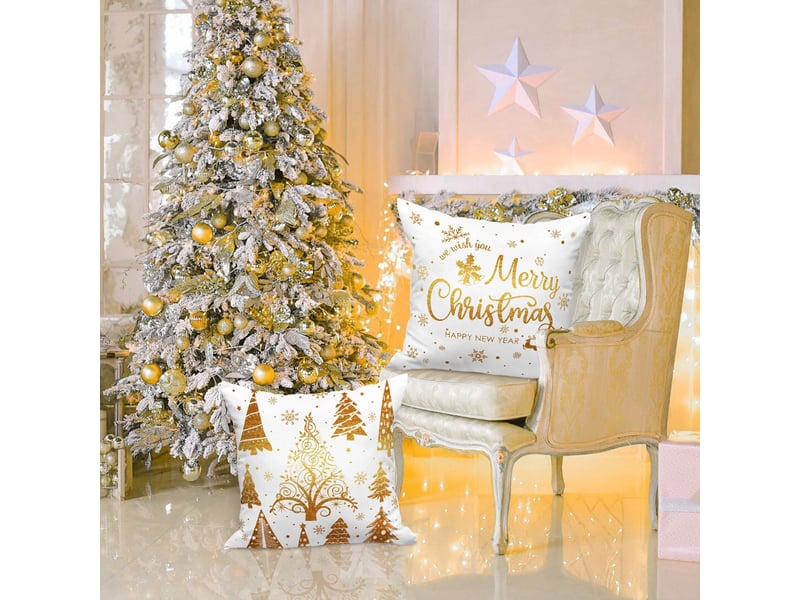  Lot de 4 housses de coussin de noël 45 x 45 cm, motif flocons de neige d'hiver, décoration de noël jaune  - Conforama C
