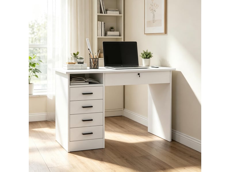  Bureau informatique avec 5 tiroirs dont 1 verrouillable et niche ouverte, 110 × 50 × 76 cm, blanc  - Conforama B