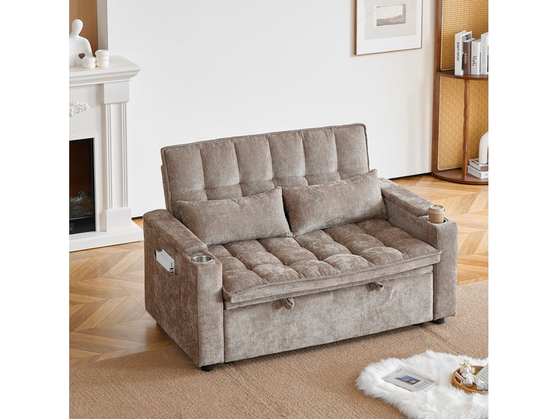  Canapé convertible 2 places en tissu marron avec rangements, porte-gobelets et couchage d'appoint pratique  - Conforama E