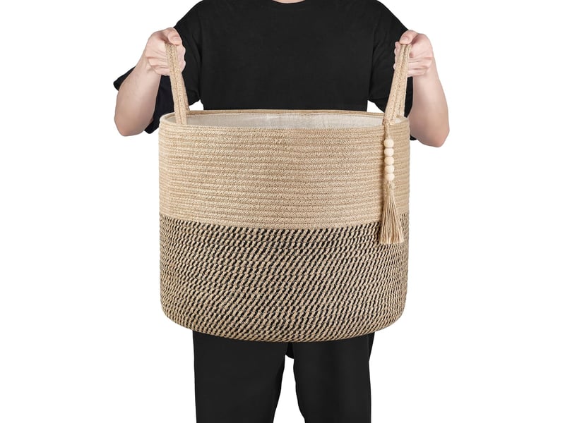  Panier de rangement tressé noir et jaune chanvre, 1 pièce, 38*38*45cm, décoré de corde naturelle, pour le salon et la décoration intérieure  - Conforama D
