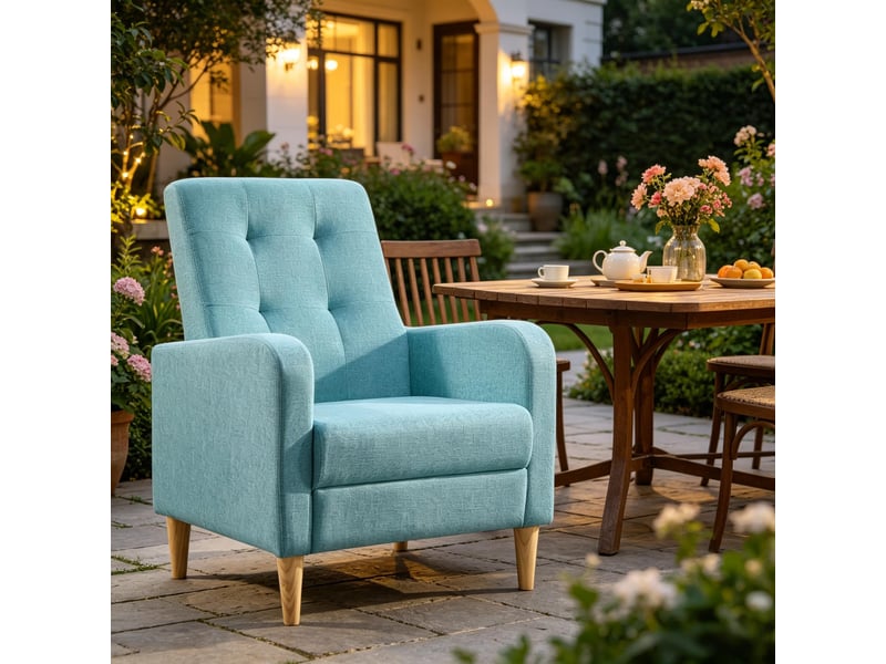  Fauteuil lounge nordique 1 place bleu, revêtement aspect lin, structure bois massif  - Conforama C
