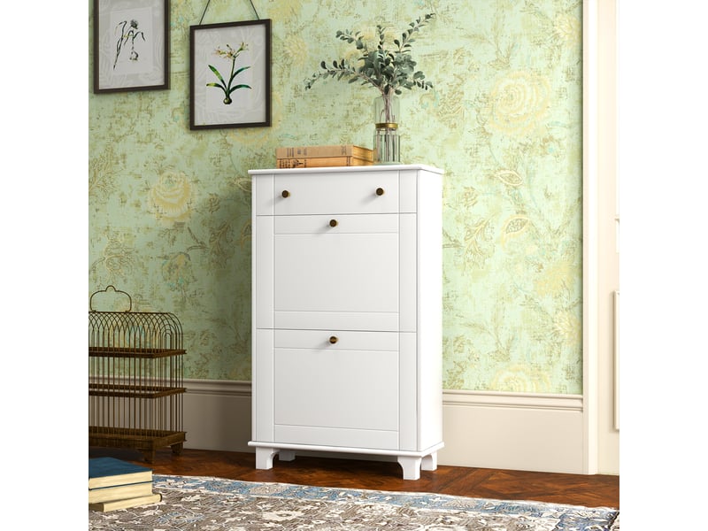  Meuble à chaussures blanc, étagère à chaussures étroite avec 2 portes à charnières et 1 tiroir pour 8 paires de chaussures, 60 x 23,5 x 98,5 cm  - Conforama B