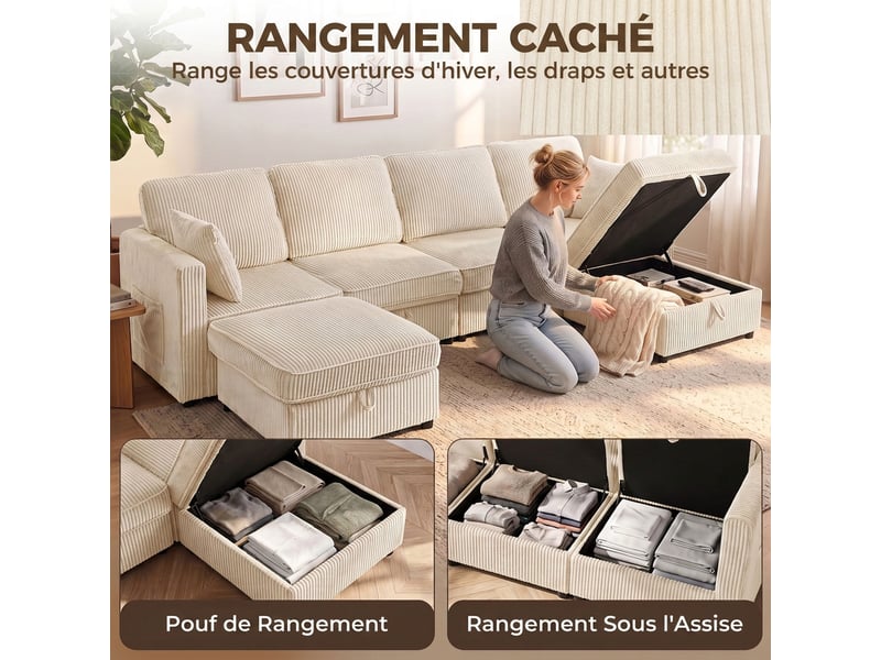  Canapé 4 places avec 2 poufs de rangement, canapé d'angle modulable en u 306 cm en velours côtelé, 4 coussins, crème  - Conforama R