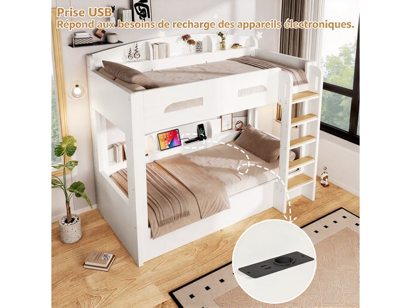 Lit superposé 2 couchages 90 x 200 cm avec port usb et étagères hautes et basses, bois et mdf, blanc - Conforama E