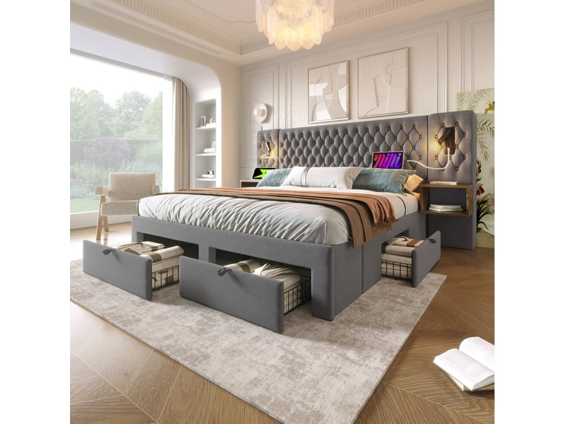  Lit double 180 x 200 cm en velours gris avec 2 chevets, 4 tiroirs, lampes de lecture et recharge usbtype-c  - Conforama C