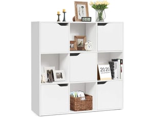 Costway meuble de rangement 9 cases, etagère de rangement, bibliothèque à 3 niveaux avec 5 portes, montage facile, idéal pour bureau, salon, chambre d’etude, 90 x 29 x 90 cm (blanc)