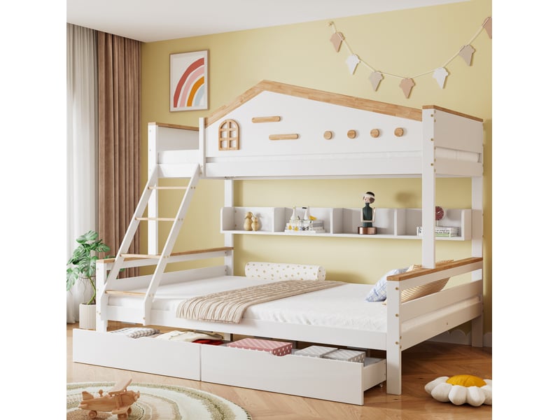  Lit superposé enfant 90x200 et 140x200 cm – blanc et naturel – 2 tiroirs de rangement – sans matelas  - Conforama B