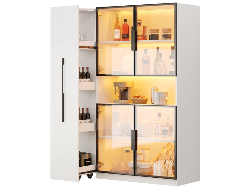  Vitrine verre 110x35x160cm meuble de rangement buffet haut bibliothèque avec led 4 portes étagères coulissant, blanc  - Conforama A