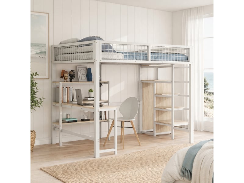 Lit mezzanine 140x200 cm en métal et mdf avec bureau, étagères et armoire blanche - Conforama B
