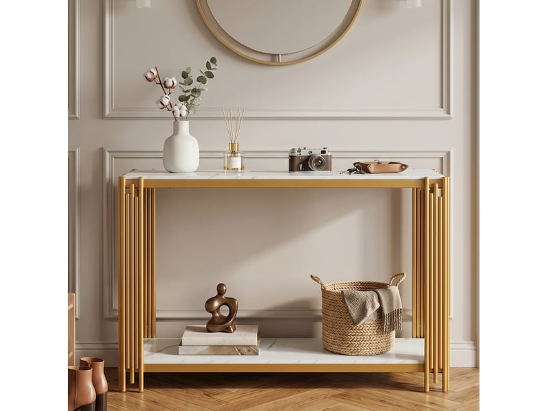  Table console à 2 niveaux effet marbre, cadre en métal doré, 123,5 x 33,5 x 80 cm  - Conforama B