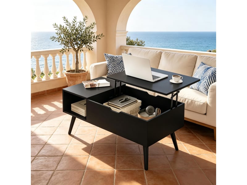  Table basse avec plateau relevable, table de salon multifonction en bois noir, 100x50 cm, grand espace de rangement caché  - Conforama R