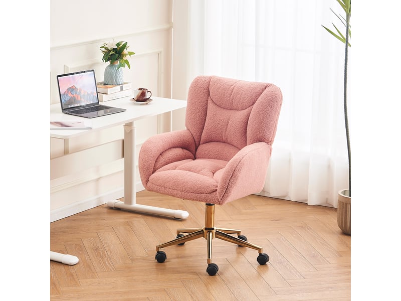 Chaise de bureau pivotante réglable avec roulettes 360° et base métallique, en tissu teddy, rose - Conforama B