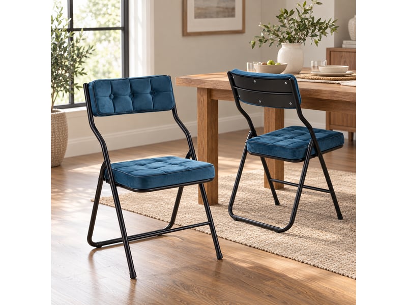  Lot de 2 chaises pliantes rembourrées 46x47x80 cm, sans montage, dossier incurvé 110°, assise en velours, structure acier renforcée, bleu  - Conforama B