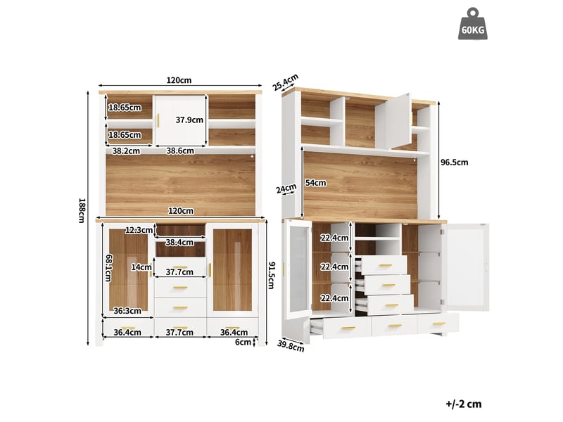 Armoires cuisine,buffet haut salle à manger de cuisine avec led,3 portes 6tiroirs-led,plan de travail-120x40x188cm-blanc - Conforama C