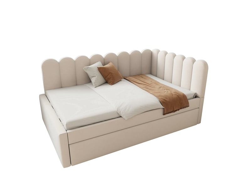  Lit d'appoint en l 140x200 cm, dossier fleuri, tissu velours beige, convertible et compact pour chambre d'amis  - Conforama A