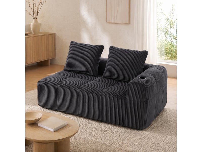Canapé 2 places en velours côtelé gris foncé avec poches latérales et porte-gobelets - Conforama C