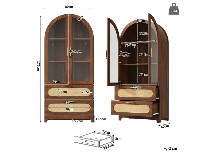  Vitrine 175 x 80 x 40 cm arche montmartre x2 2 tiroirs étagères réglables design rétro noyer bibliothèque  - Conforama C