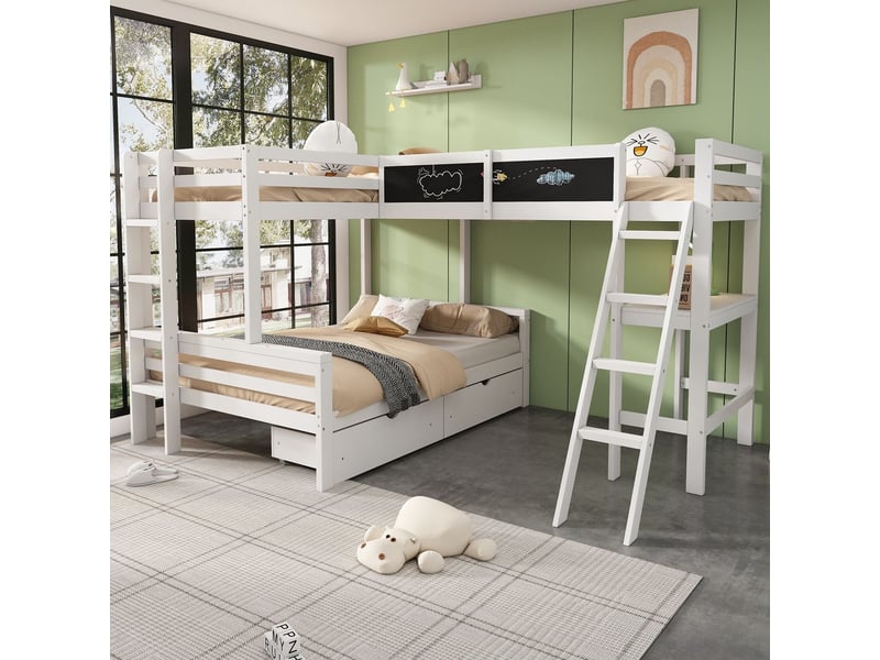  Lit 3 couchages 140x200+2x90x200cm bureau tiroir - lits superposés - pin massif blanc chêne étagères gain de place sécurisé pratique  - Conforama B