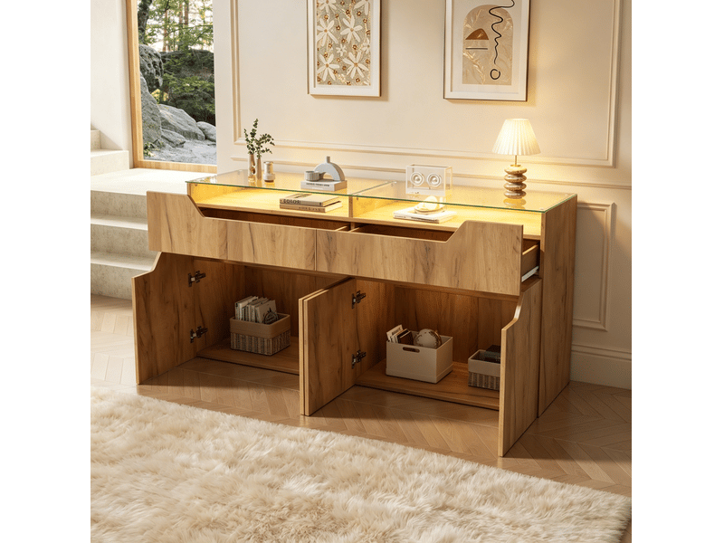 Buffet bas 140x40x70 cm naturel en mdf, 2 tiroirs, verre trempé et led - Conforama E