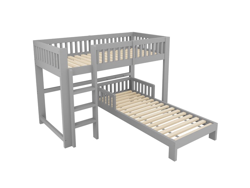 Lit superposé enfant 90 × 200 cm modulable avec barrière de sécurité, sans matelas, en bois, gris - Conforama E