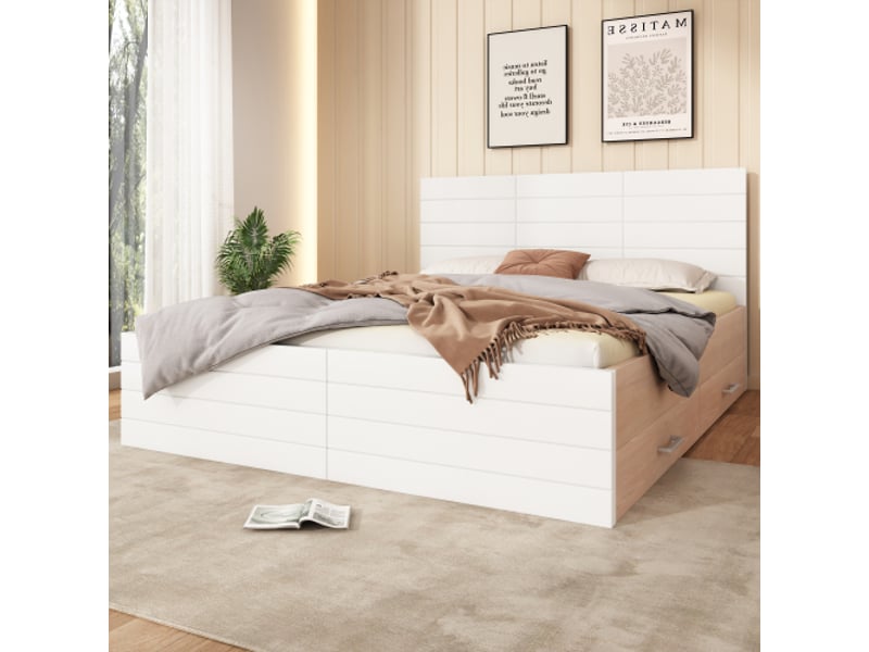 Lit double 160x200 cm bicolore chêne et blanc - set avec 2 tiroirs, sommier et matelas inclus - design moderne confort - Conforama W