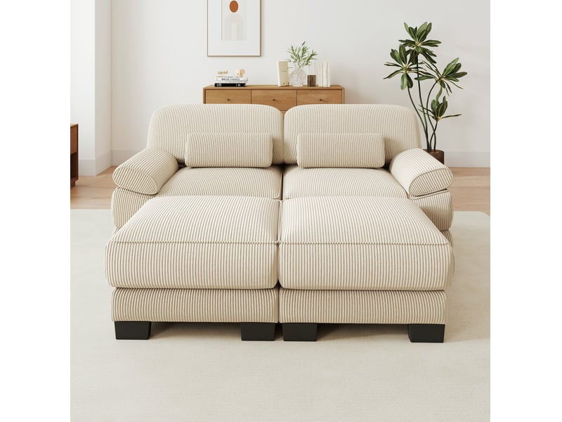  Canapé modulable 2 places 194x161x94 cm avec 2 poufs en velours côtelé beige  - Conforama D