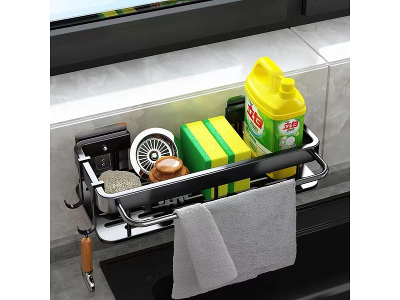  Égouttoir de cuisine mural en aluminium. Support pour éponge et serviette, rangement pratique pour évier, noir  - Conforama E