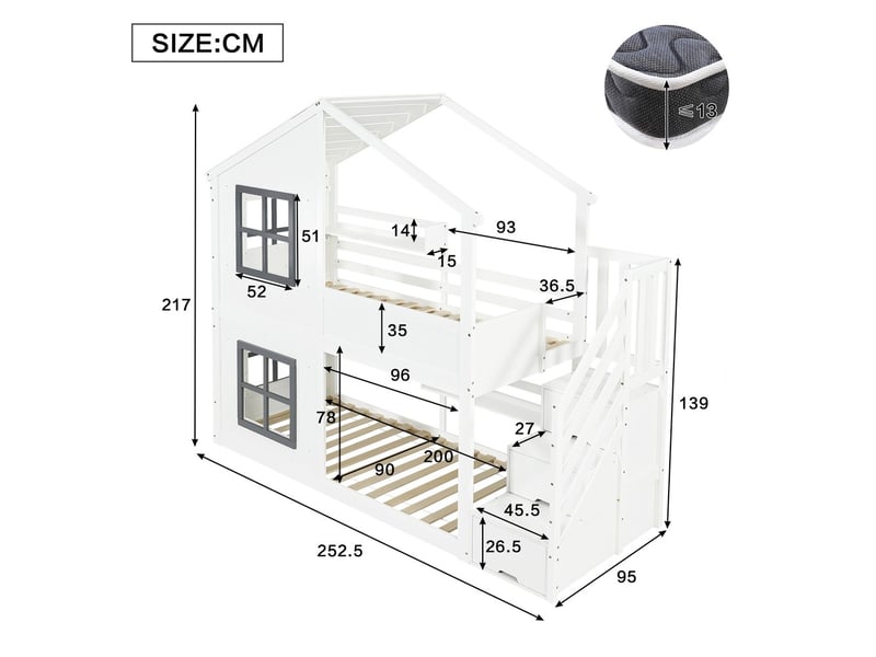 Gutenacht lit superposé 90x200cm, escalier armoire, fenêtre, blanc & gris - Conforama E