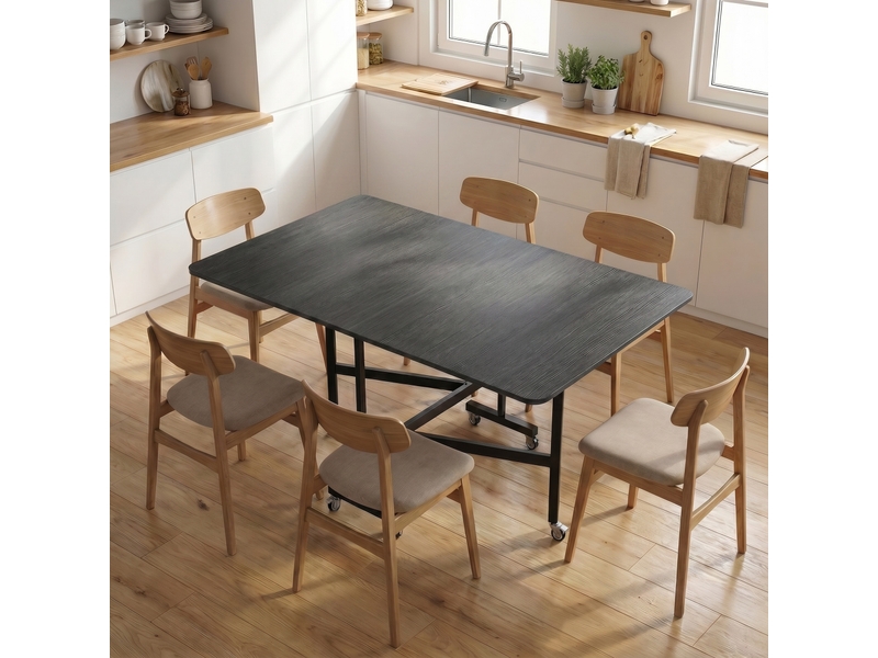  Table à manger pliante sur roulettes pour 4-6 personnes 120 cm, roues avec freins, 2 abattants, industriel, noir  - Conforama A