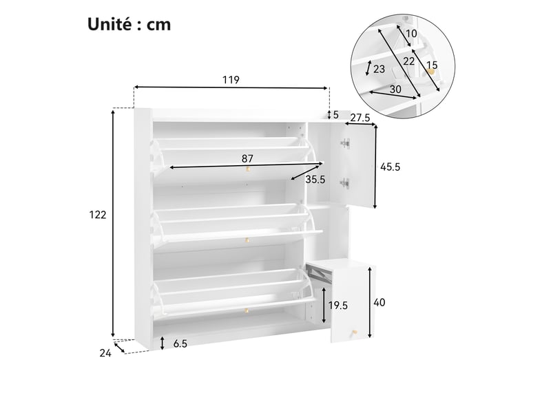  Meuble à chaussures basculant - meuble d’entrée avec 3 tiroirs et rangement intégré - banc multifonction pour couloir ou entrée - blanc - 119x24x122 cm  - Conforama C